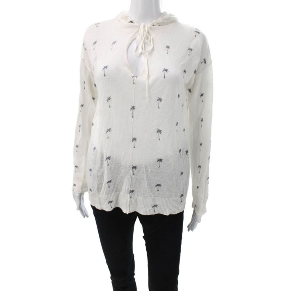 Central Park West Women White V-Neck Palm Tree Sweater Long Sleeve Size XS